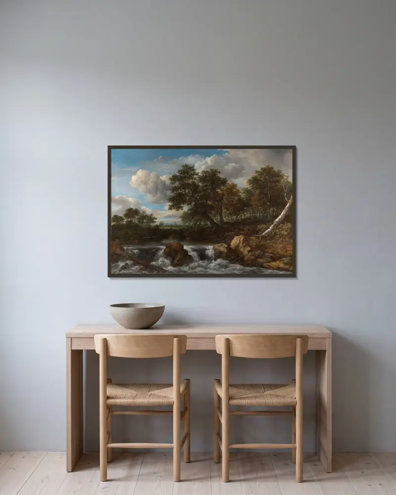 Landschaft mit Wasserfall, 1668 von Jacob van Ruisdael gerahmt an einer Wand