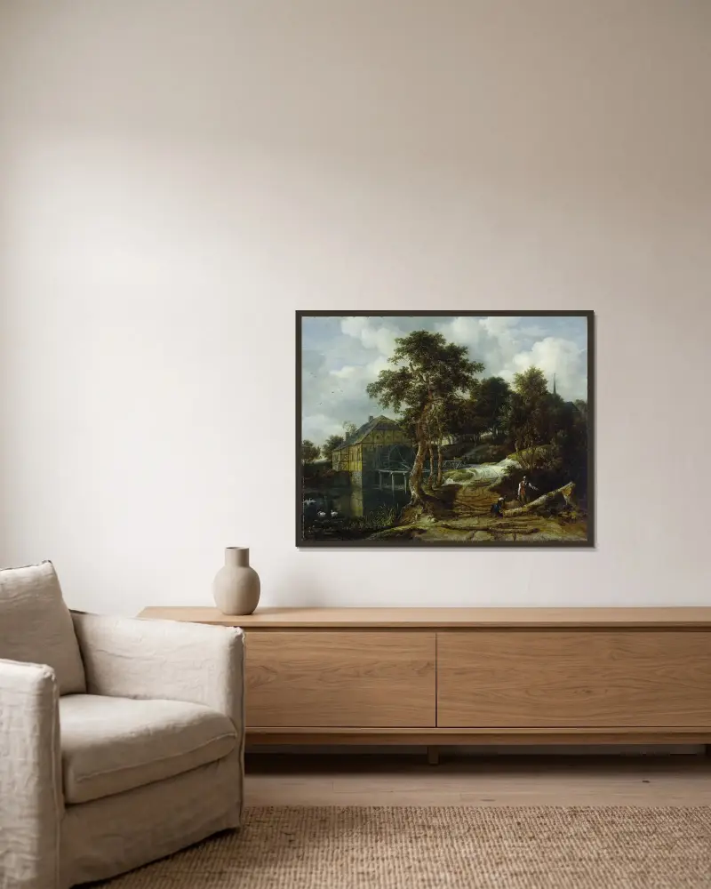 Landskap med vattenkvarn av Jacob van Ruisdael inramad på en vägg
