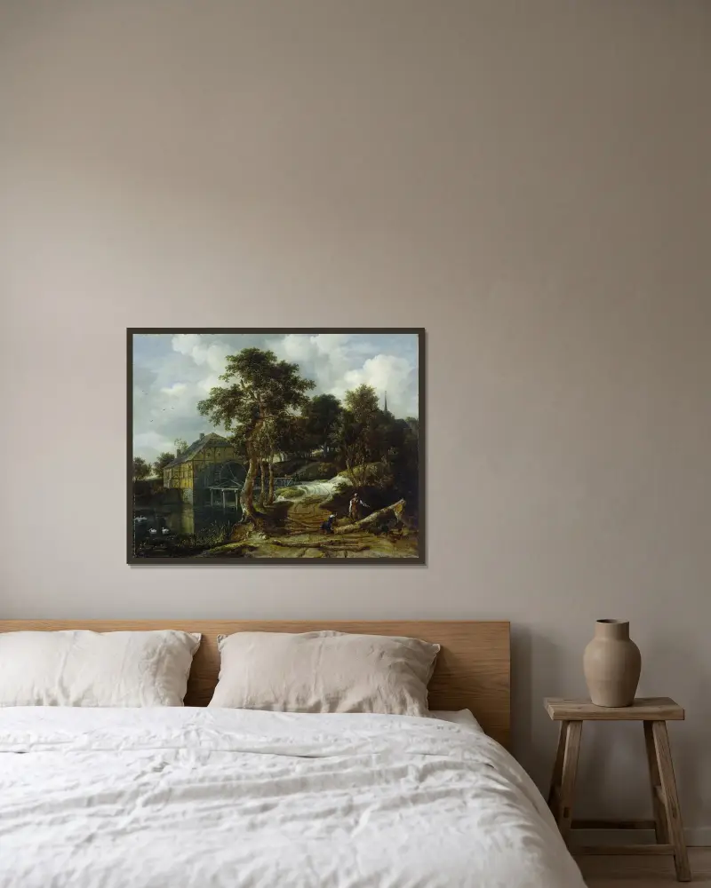 Landskap med vattenkvarn av Jacob van Ruisdael inramad på en vägg