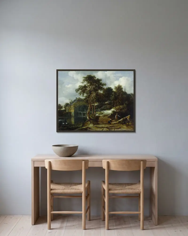 Landskap med vattenkvarn av Jacob van Ruisdael inramad på en vägg