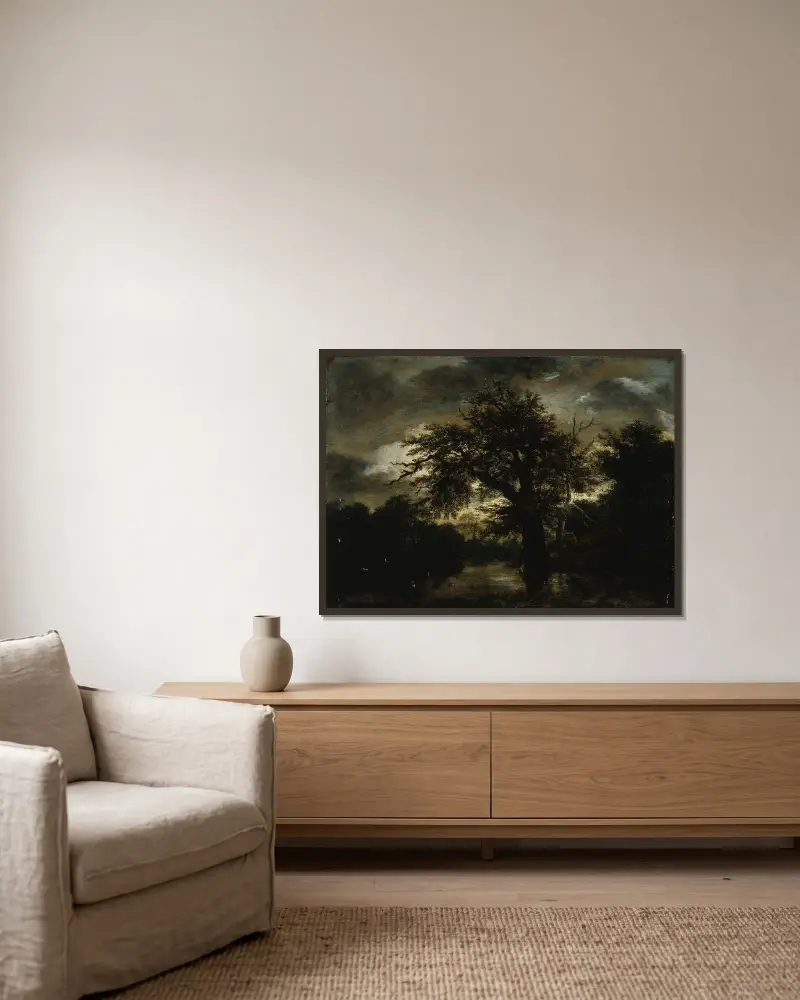 Den gamla eken av Jacob van Ruisdael inramad på en vägg