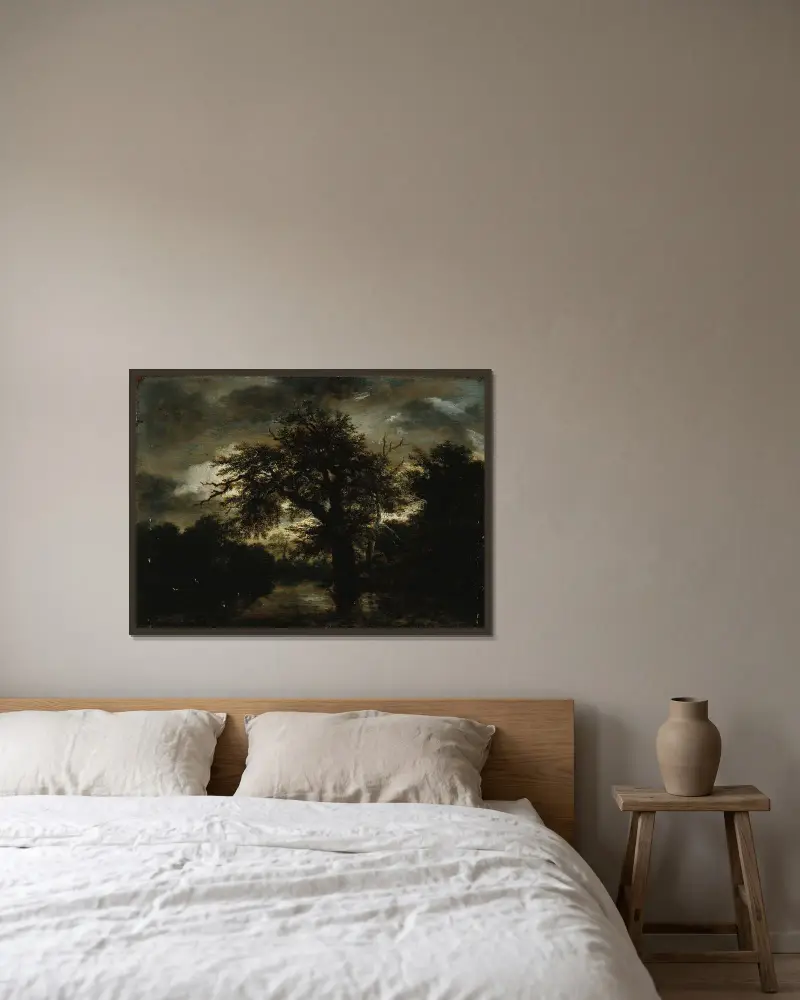 Den gamla eken av Jacob van Ruisdael inramad på en vägg