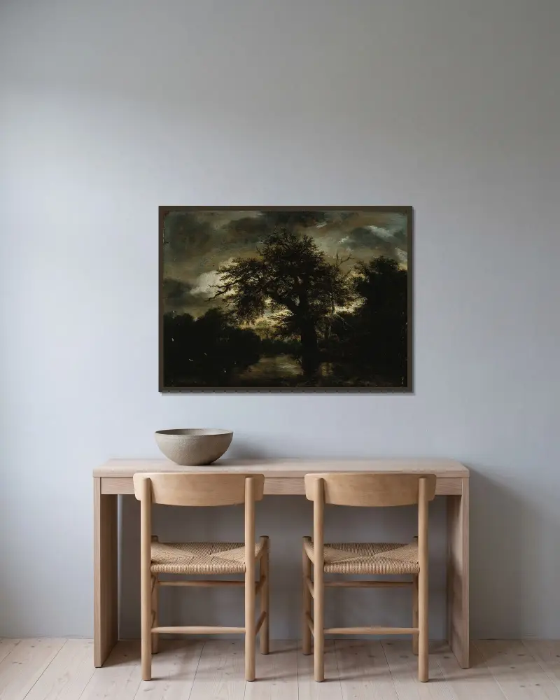 Den gamla eken av Jacob van Ruisdael inramad på en vägg