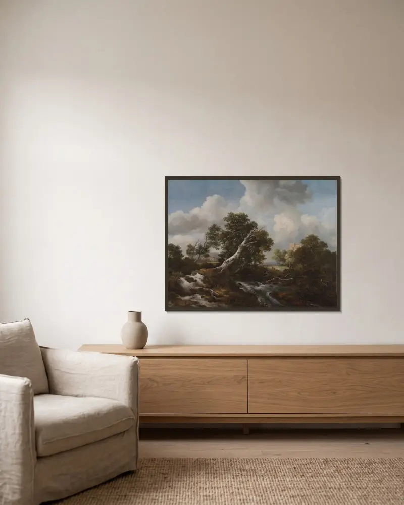 Litet vattenfall i ett skogslandskap med en död bok av Jacob van Ruisdael inramad på en vägg