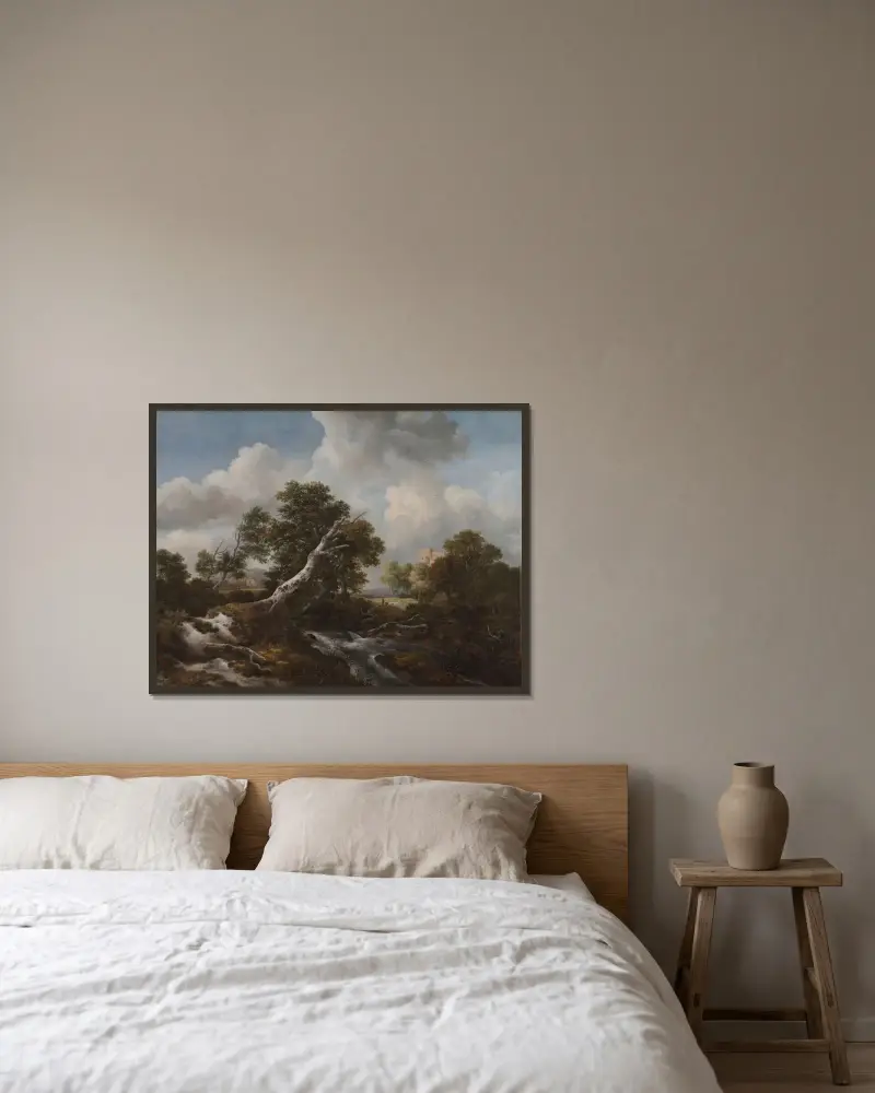 Litet vattenfall i ett skogslandskap med en död bok av Jacob van Ruisdael inramad på en vägg