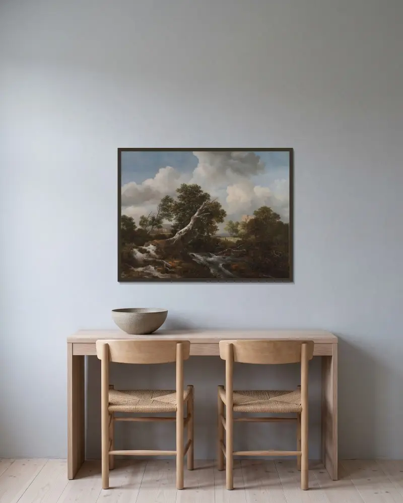 Litet vattenfall i ett skogslandskap med en död bok av Jacob van Ruisdael inramad på en vägg