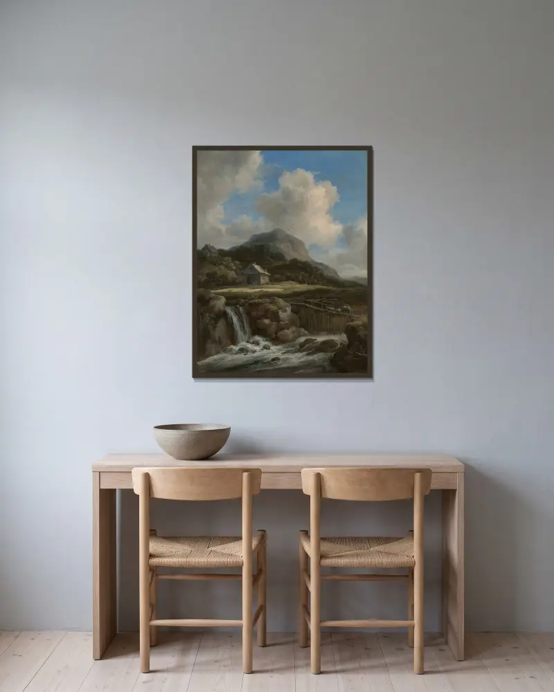 Bergsbäck av Jacob van Ruisdael inramad på en vägg