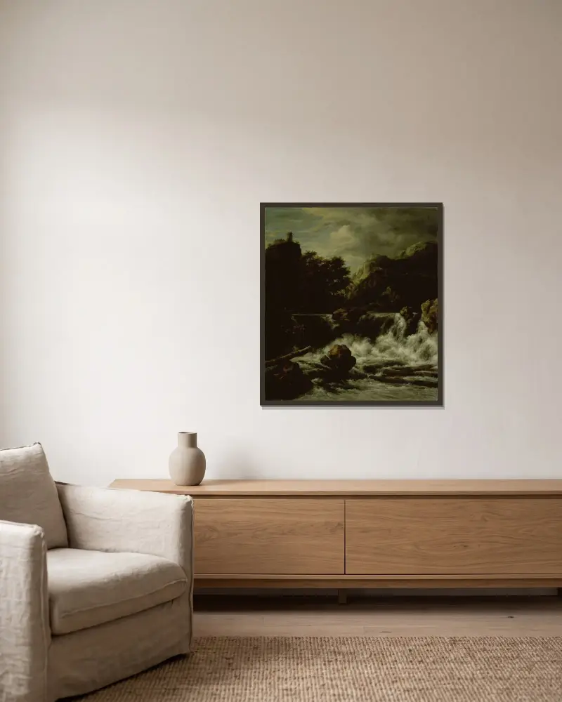 Bergslandskap med vattenfall av Jacob van Ruisdael inramad på en vägg