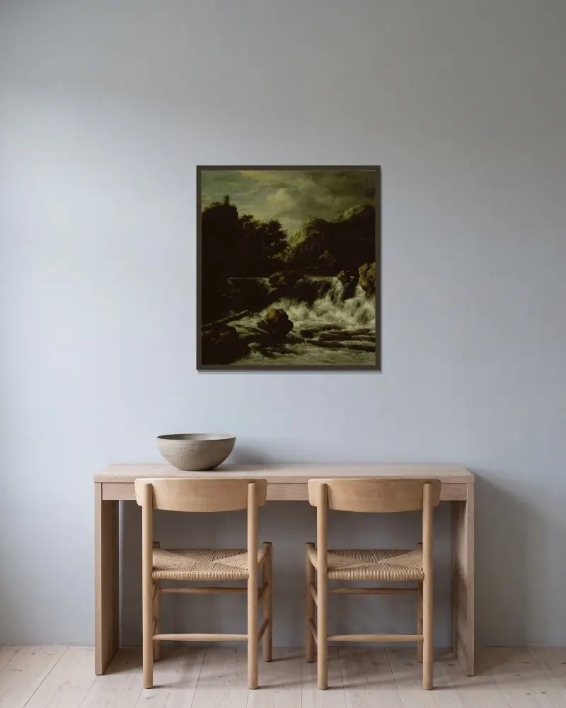 Bergslandskap med vattenfall av Jacob van Ruisdael inramad på en vägg