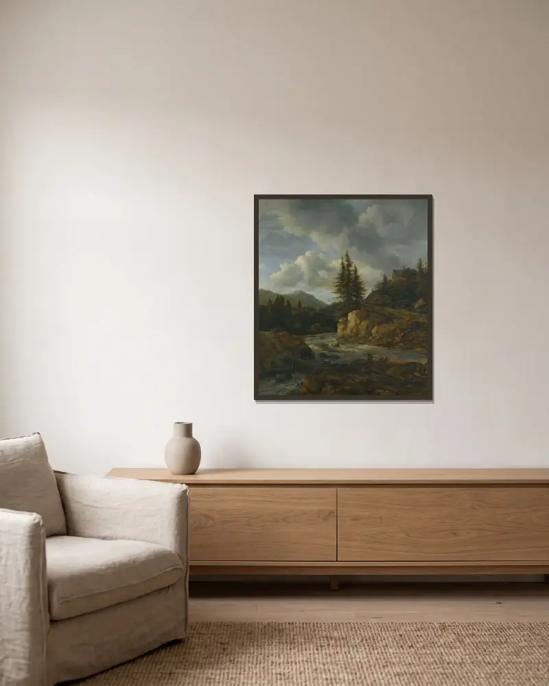 Norrländskt landskap med fors av Jacob van Ruisdael inramad på en vägg