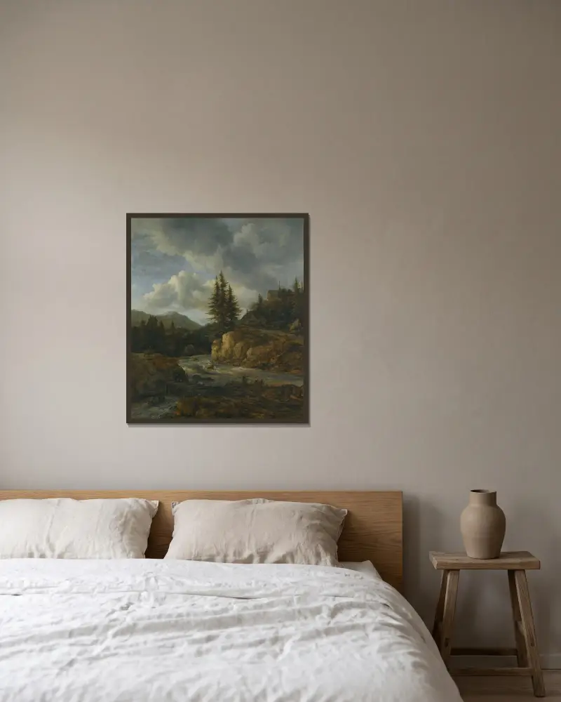 Norrländskt landskap med fors av Jacob van Ruisdael inramad på en vägg