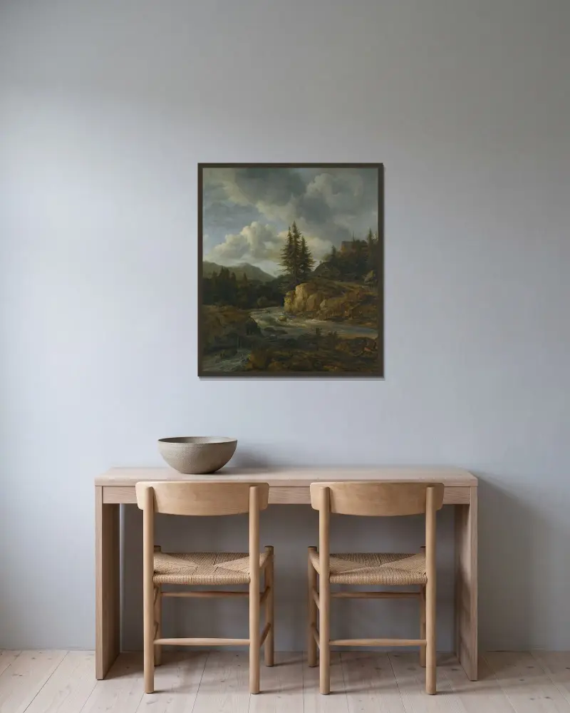 Norrländskt landskap med fors av Jacob van Ruisdael inramad på en vägg
