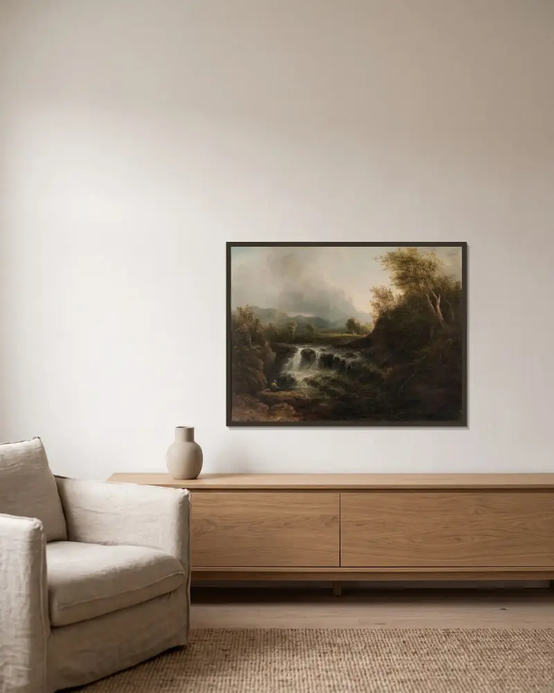 Norskt landskap av Jacob van Ruisdael inramad på en vägg