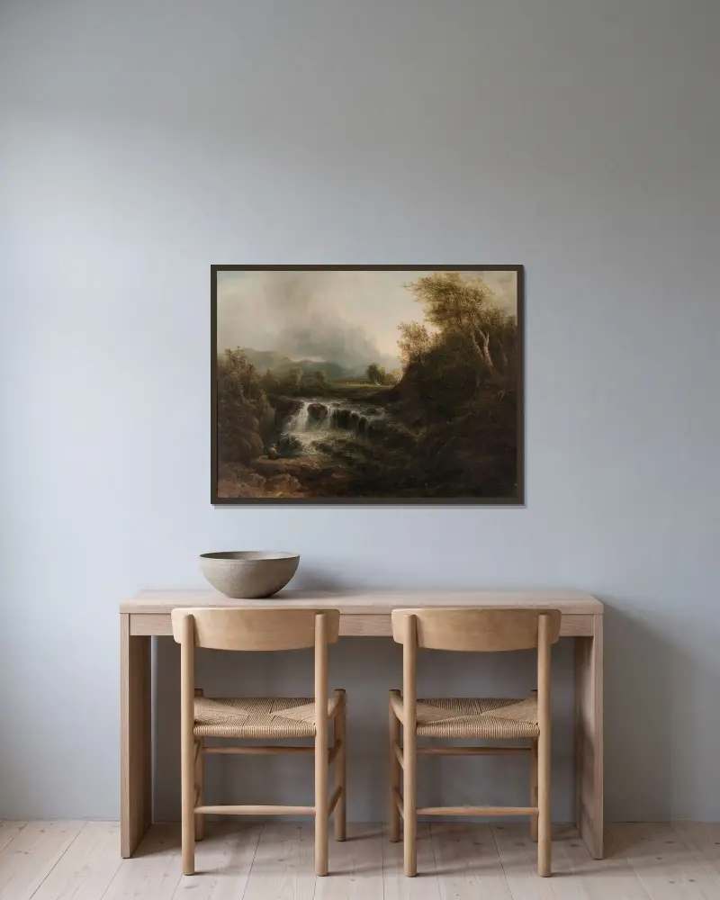 Norskt landskap av Jacob van Ruisdael inramad på en vägg