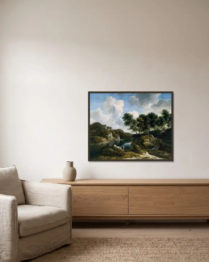 Flodlandskap med slott på hög klippa av Jacob van Ruisdael inramad på en vägg
