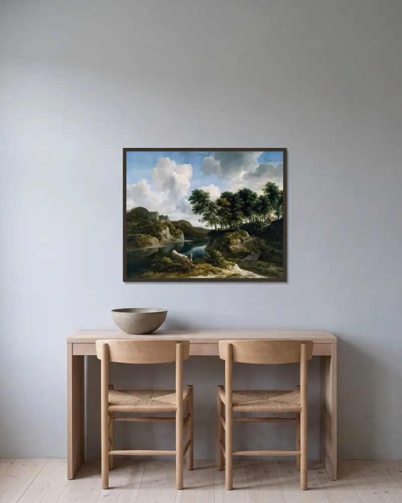 Flodlandskap med slott på hög klippa av Jacob van Ruisdael inramad på en vägg