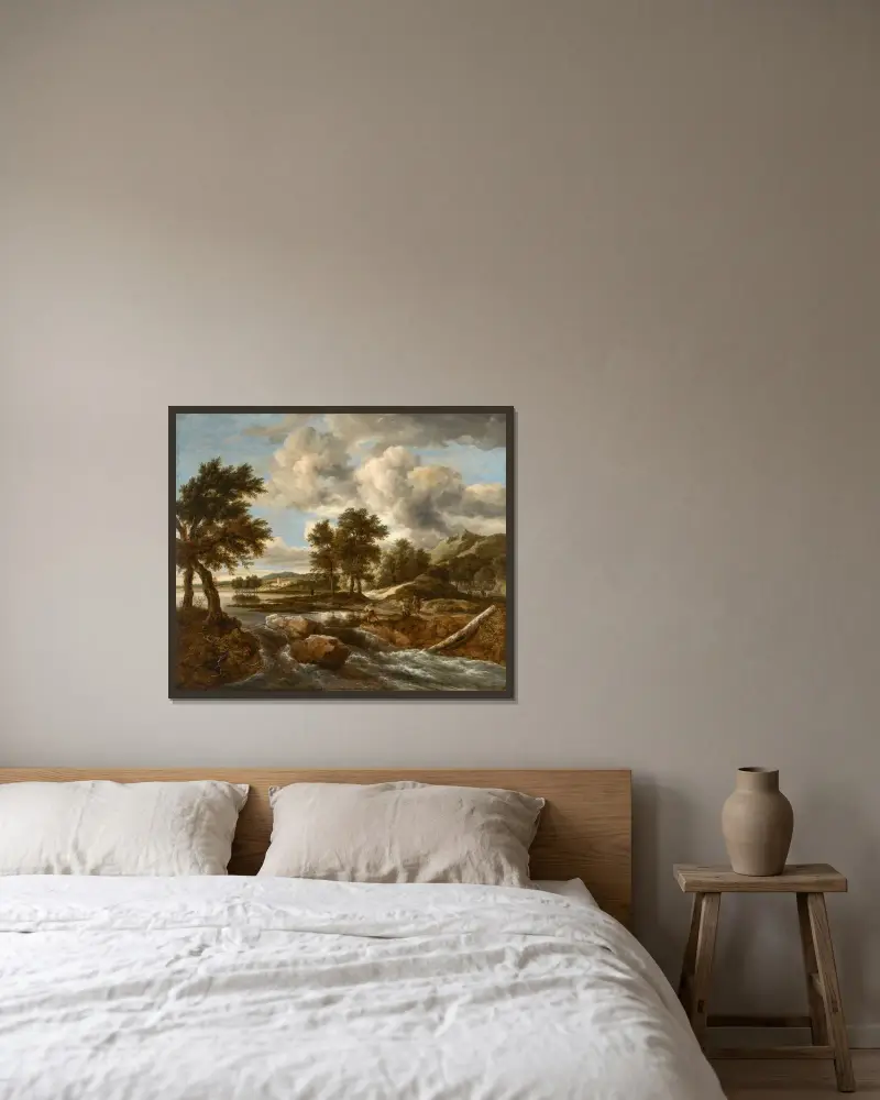 Flodlandskap med figurer på stranden av en fors, en herde bortom av Jacob van Ruisdael inramad på en vägg