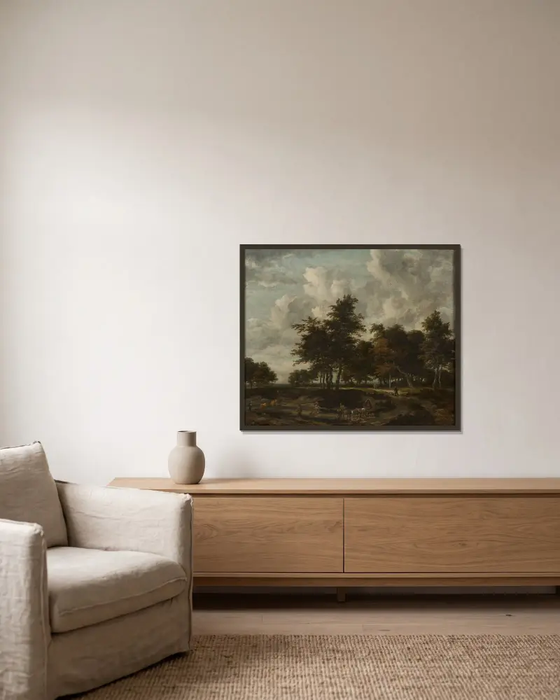 Väg genom en skogsdunge av Jacob van Ruisdael inramad på en vägg