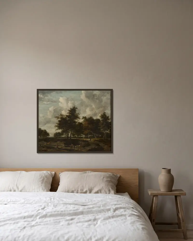 Väg genom en skogsdunge av Jacob van Ruisdael inramad på en vägg