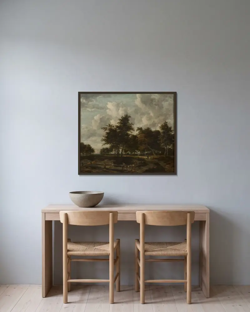 Väg genom en skogsdunge av Jacob van Ruisdael inramad på en vägg