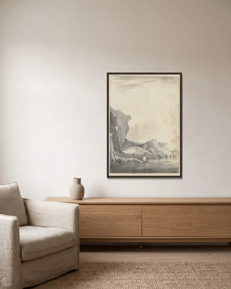Felsenpartie am Wasser von Jacob van Ruisdael gerahmt an einer Wand