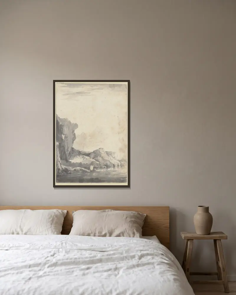 Felsenpartie am Wasser von Jacob van Ruisdael gerahmt an einer Wand