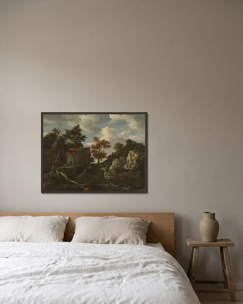 Skalnatá krajina, Jacob van Ruisdael v rámu na stěně