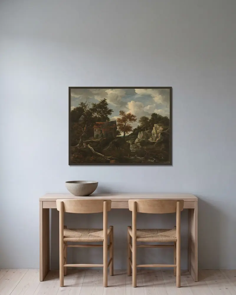 Skalnatá krajina, Jacob van Ruisdael v rámu na stěně
