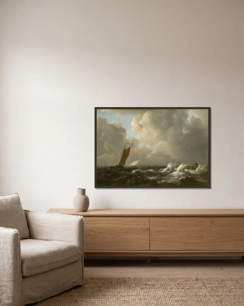 Segelfartyg i stormigt hav, med brygga till höger av Jacob van Ruisdael inramad på en vägg
