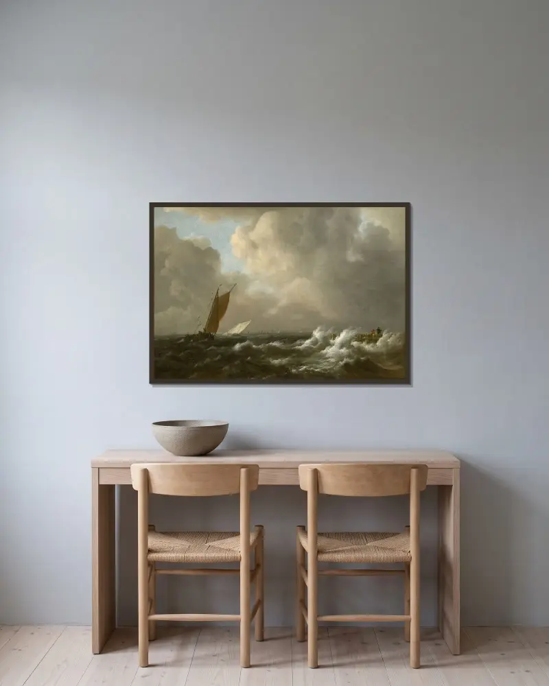 Segelfartyg i stormigt hav, med brygga till höger av Jacob van Ruisdael inramad på en vägg