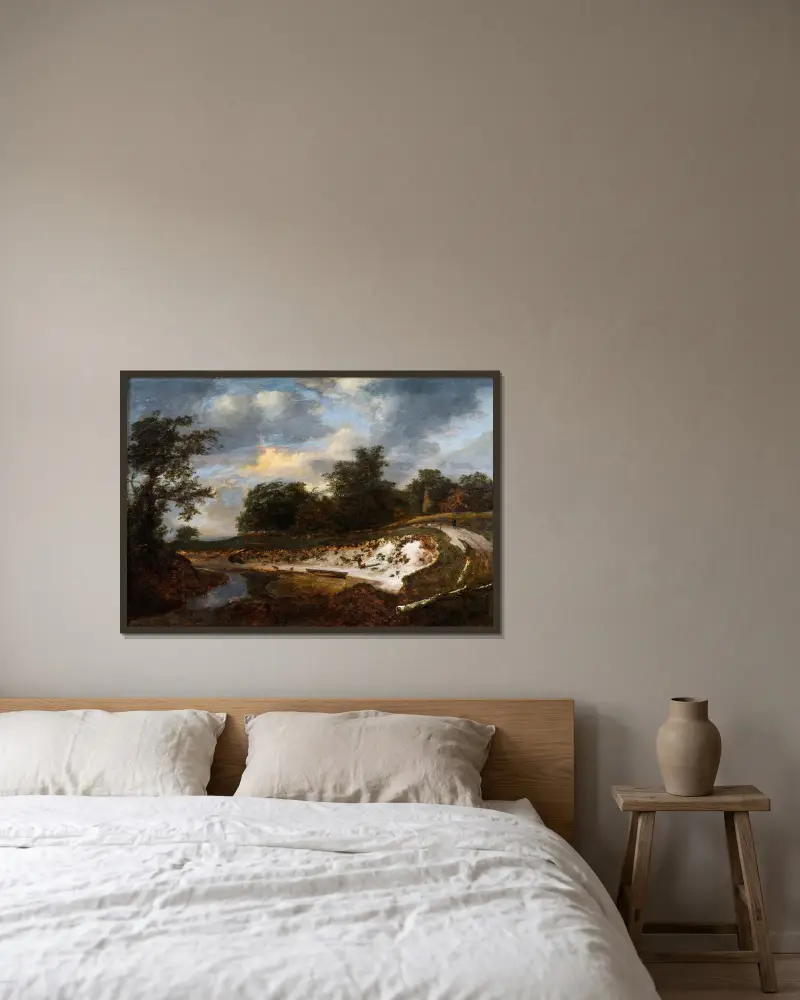Sandig klippa av Jacob van Ruisdael inramad på en vägg