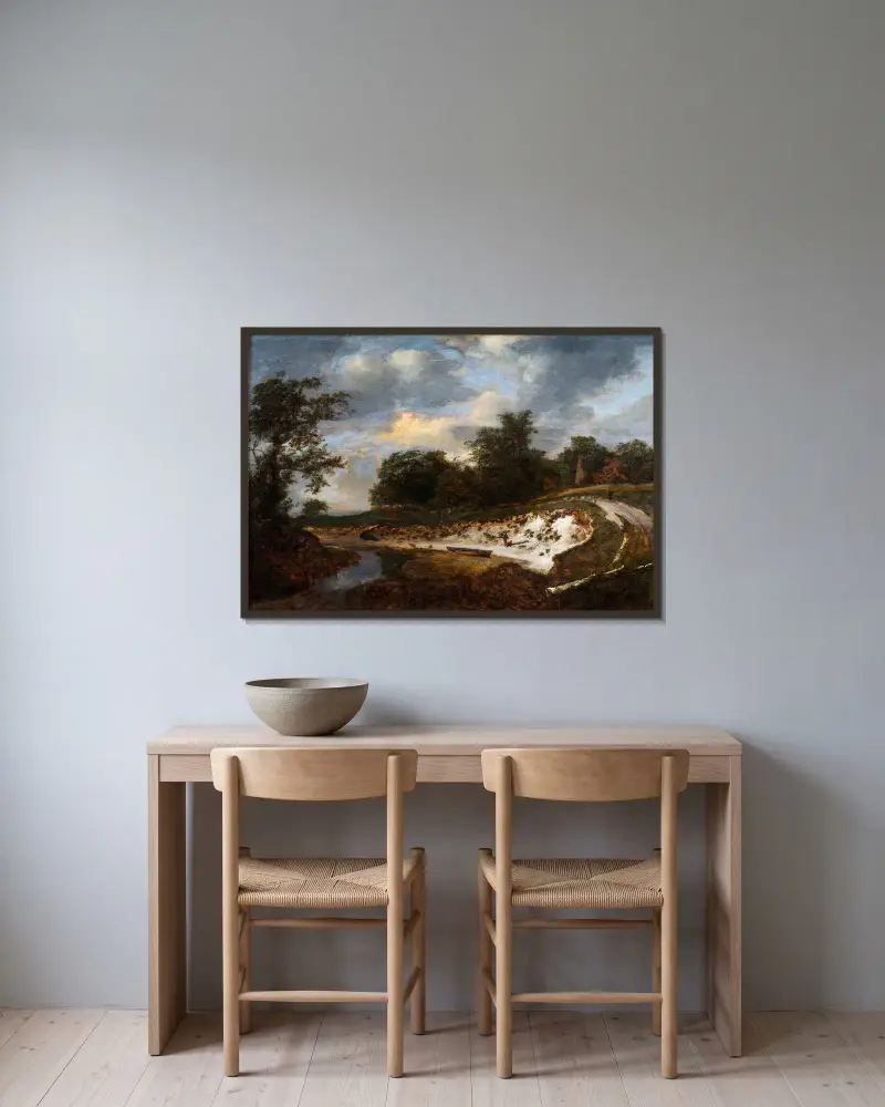 Sandig klippa av Jacob van Ruisdael inramad på en vägg