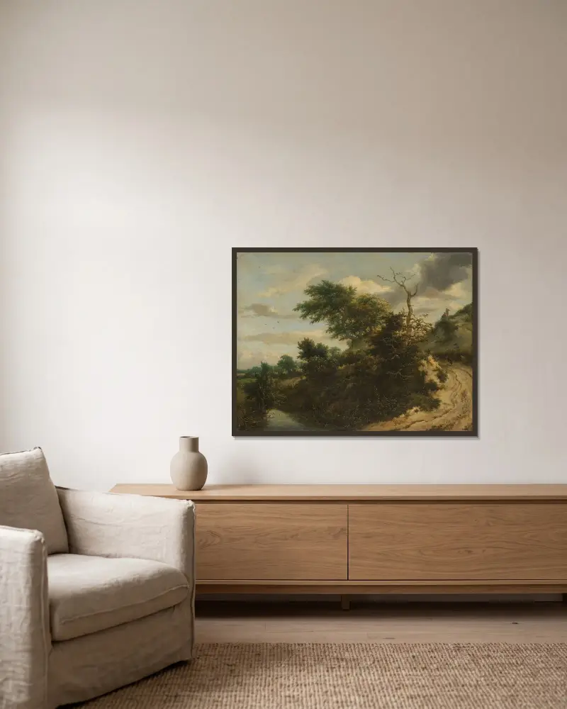 Sandig stig i dynerna av Jacob van Ruisdael inramad på en vägg