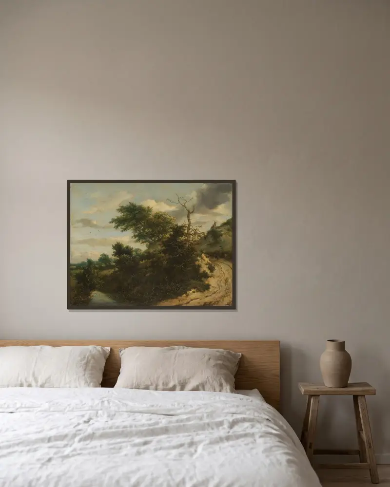 Sandig stig i dynerna av Jacob van Ruisdael inramad på en vägg