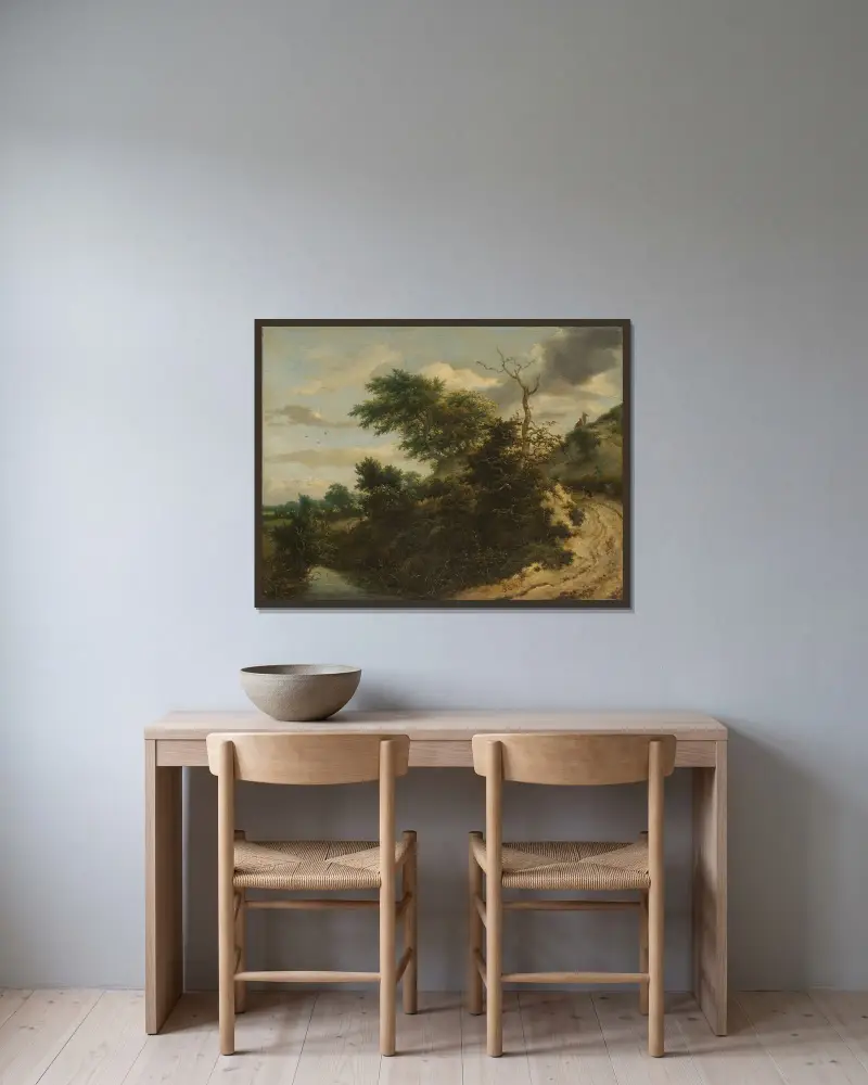 Sandig stig i dynerna av Jacob van Ruisdael inramad på en vägg