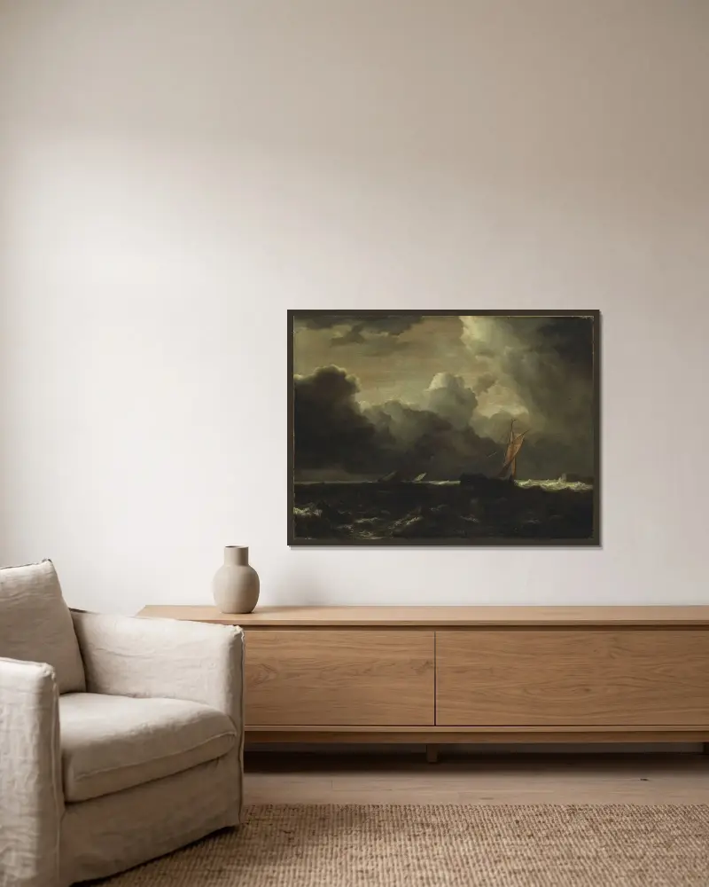 Stormmoln över havet av Jacob van Ruisdael inramad på en vägg