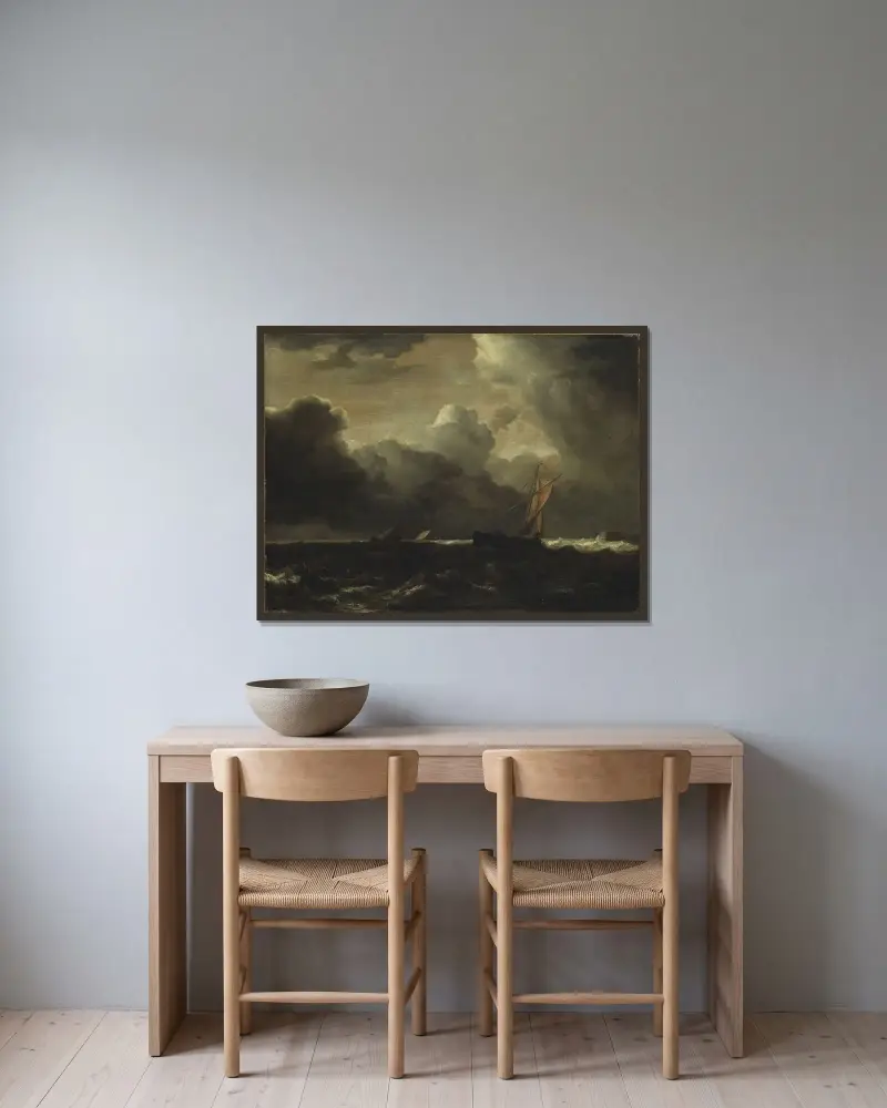 Stormmoln över havet av Jacob van Ruisdael inramad på en vägg