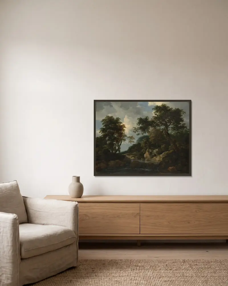 Skogsbäcken av Jacob van Ruisdael inramad på en vägg