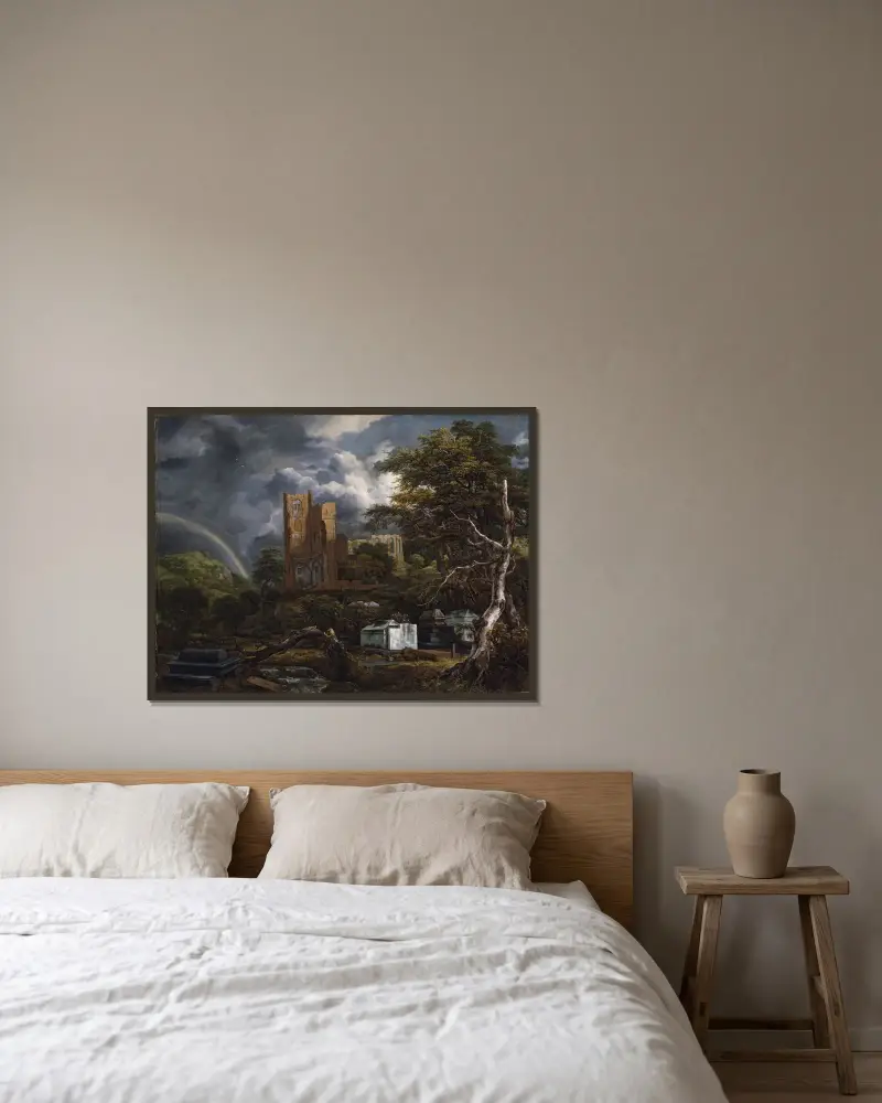 Den judiska kyrkogården av Jacob van Ruisdael inramad på en vägg