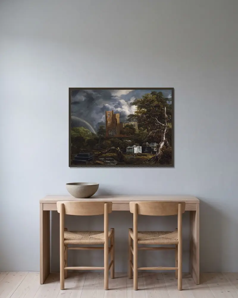 Den judiska kyrkogården av Jacob van Ruisdael inramad på en vägg