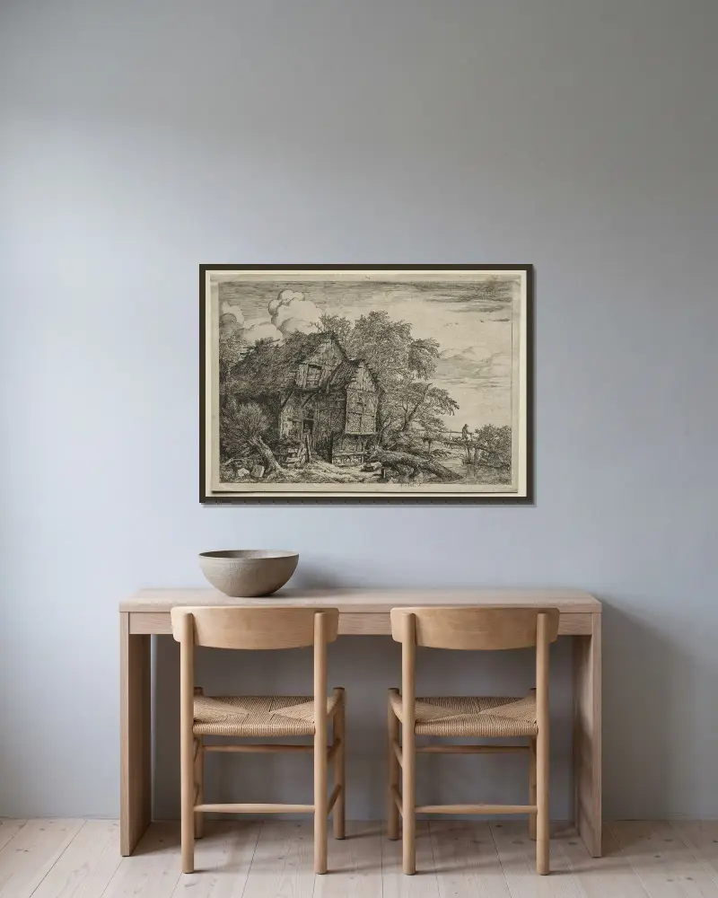 Den lilla bron av Jacob van Ruisdael inramad på en vägg