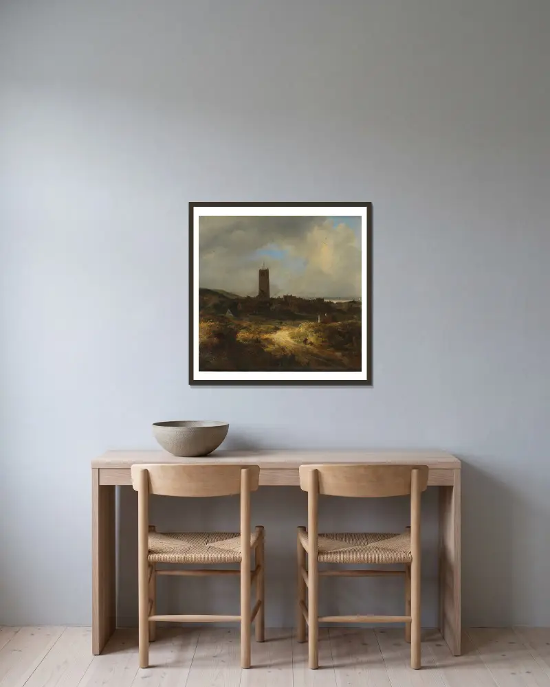 Ansicht von Egmond aan Zee von Jacob van Ruisdael gerahmt an einer Wand