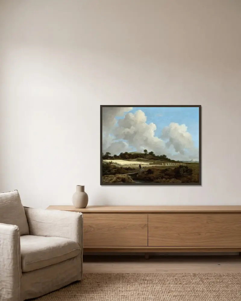 Utsikt över sädesfält med stad i fjärran av Jacob van Ruisdael inramad på en vägg