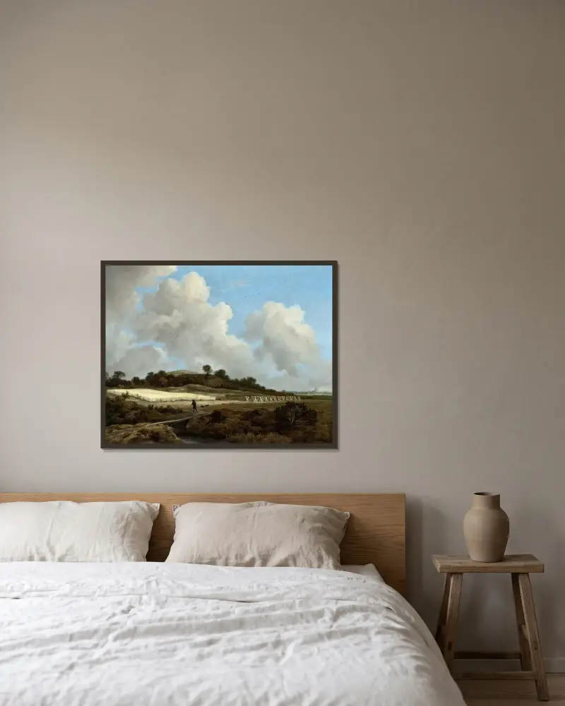 Utsikt över sädesfält med stad i fjärran av Jacob van Ruisdael inramad på en vägg
