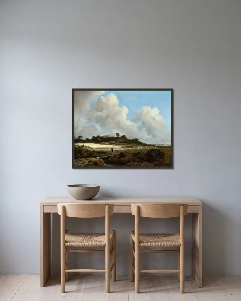 Utsikt över sädesfält med stad i fjärran av Jacob van Ruisdael inramad på en vägg