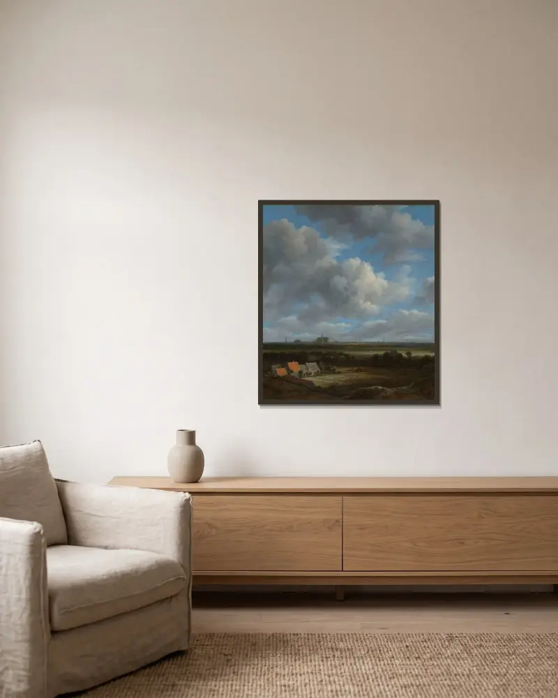 Vy över Haarlem från nordväst, med blekningsfälten i förgrunden av Jacob van Ruisdael inramad på en vägg