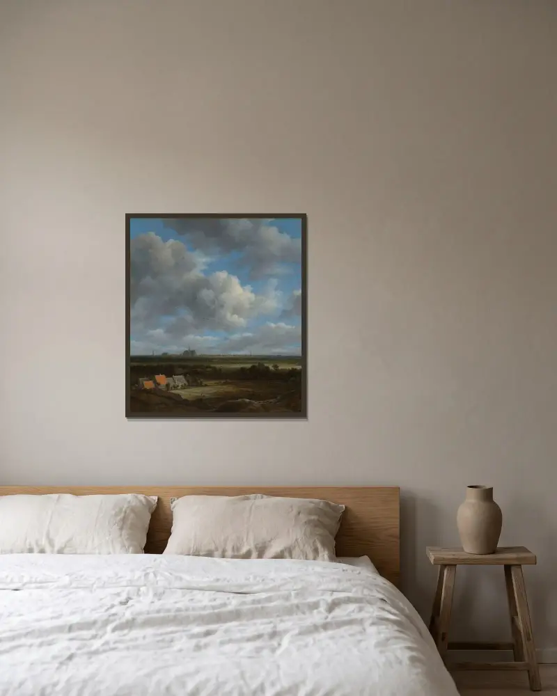 Vy över Haarlem från nordväst, med blekningsfälten i förgrunden av Jacob van Ruisdael inramad på en vägg