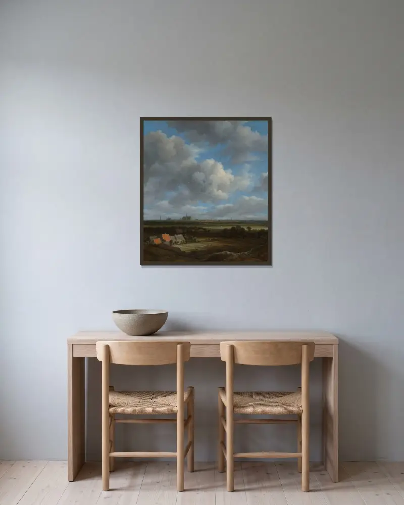 Vy över Haarlem från nordväst, med blekningsfälten i förgrunden av Jacob van Ruisdael inramad på en vägg