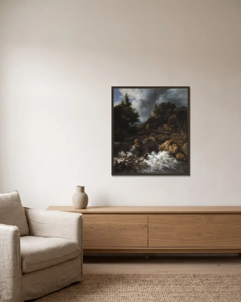 Vattenfall med korsvirkeshus och slott av Jacob van Ruisdael inramad på en vägg
