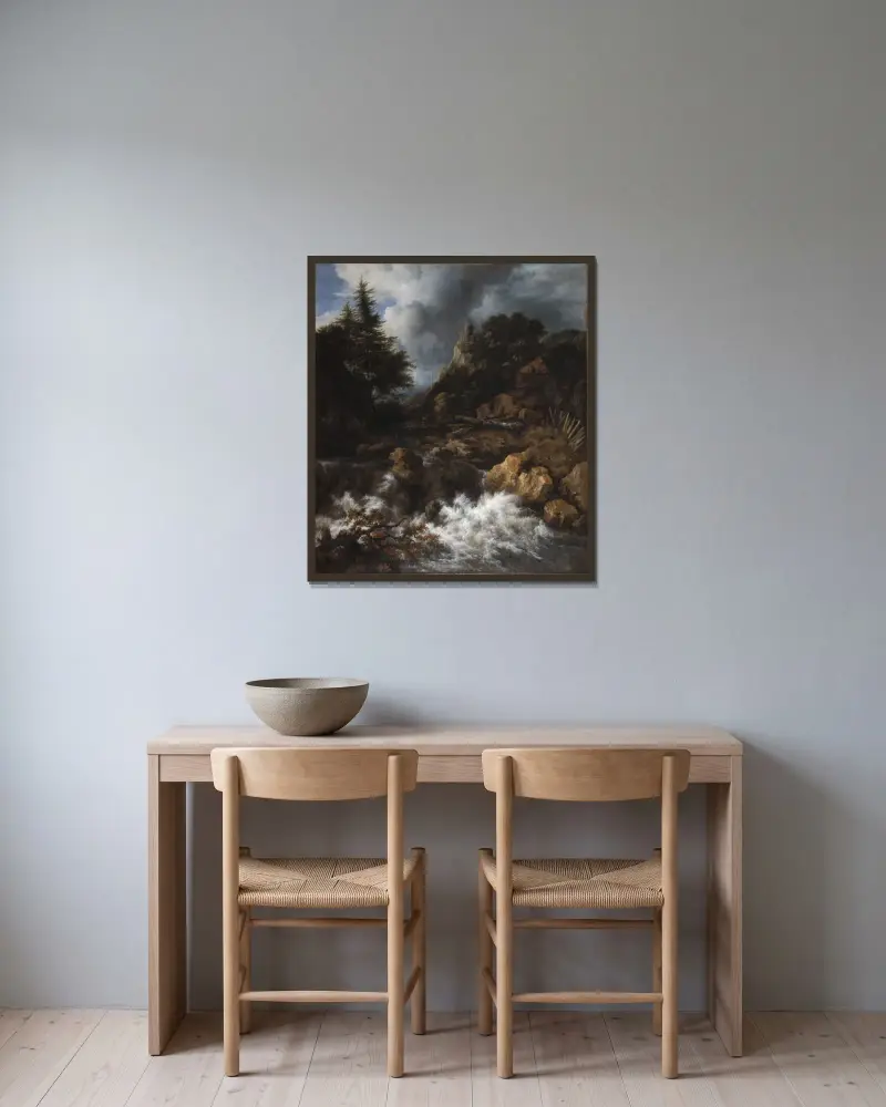 Vattenfall med korsvirkeshus och slott av Jacob van Ruisdael inramad på en vägg